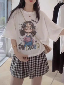 plus Size Cotton Short Sleeve T-Shirt Womens Summer Lazy Style Slimming round Neck Print Top Comfortable Breathable Casual Tee