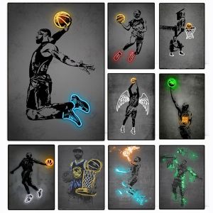 Scandinavian Abstract Wall Art Glowing Basketball Player HD Canvas Poster Print Home Bedroom Living Room Decoration Gift
