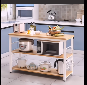 NINI Heavy Duty Kitchen Island Table Storage Rack Space Saver Workbench Microwave Stand Wooden Top Shelf Organizer Pantry Storage Rack Home Kitchen