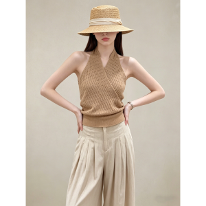 GULILI | Khaki Knit Cross Neck Top Linen Trousers Set