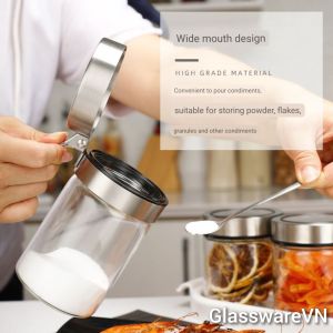 Hũ Lọ Gia Vị Thủy Tinh Nắp Tay Cầm kèm Thìa Inox 304 Sang Trọng Cao Cấp dung tích 300ml.