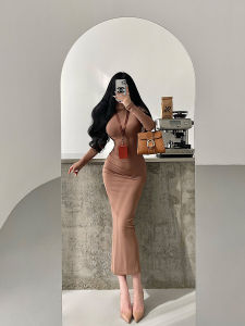 Váy Dài Tay Lót Lông Cừu Cơ Bản Cho Bé Gái Váy Bó Sát Eo Cao Ôm Sát Cơ Thể Mùa Thu Đông Váy Midi Cổ Tròn Váy Dài Cotton