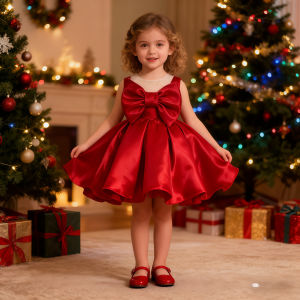 Cute Baby Girls Christmas Outfit Sleeveless Satin Big Bow Tutu Dress For Toddler Kids Baptism Xmas Birthday Party New Year Gown