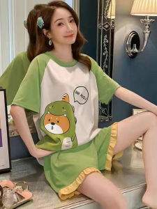 2025 New Cotton Pajamas Womens Short Sleeve Cute Student Summer Home Clothes Set Net Red Style round Neck Sleepwear Shorts