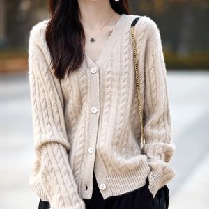 Loose Long Sleeve V-neckKnitted Sheep Cashmere Cardigan Spring Autumn Korean StyleWomens Fashion Outerwear Comfortable