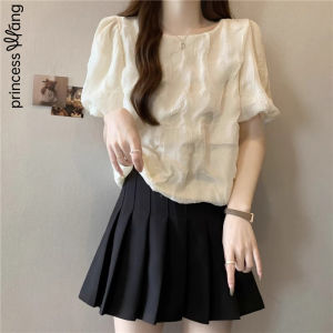 WANGGONGZHU | Princess Style Short Sleeve Chiffon Top Women Summer Thin New Bubble Sleeve Fashionable Small Shirt Short Length Korean Version