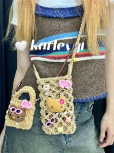 Handwoven Hollow Out Hawaiian Cat Phone Bag: Women's Crossbody Bag for Strolls & Outings