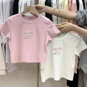 Girls Short Sleeve T-Shirt Embroidered Butterfly Knot round Neck Korean Style Versatile Summer New Arrival Childrens Clothing
