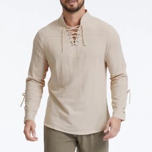 king billion | Mens Vintage Shirt Cotton Linen Breathable Lightweight Solid Color Stylish Tops Gothic Style Fashion Henley Neck Drawstring Top