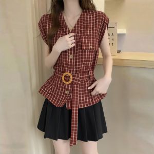 AIYITI | Retro Check Sleeveless Shirt Loose V-Neck Large Size