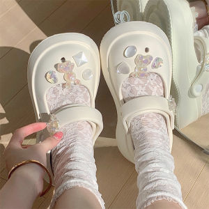 Thin Strip Sweet Fairy K-Style Animation Printed Sandals for Women Summer Crystal Rhinestone Embellished Thick Bottom Flats