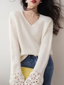 WANGGONGZHU | Princess Style Knitted Sweater Womens V-neck Hook Flower Design Autumn Winter Fashionable Base Layer Top Korean Commute Style Long Sleeve