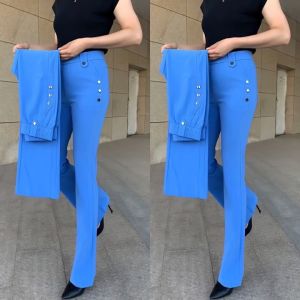 Spring Summer Thin Ice Silk Denim Micro Flared Pants Women High Waist High Elasticity Washed Soft Denim Flared Pants Middle Aged And Elderly