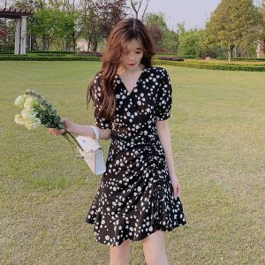 Sweet Girl Style V-Neck Bubble Sleeve Dress Summer French Slimming Floral Chiffon Drawstring Asymmetrical Skirt High Waist Gown