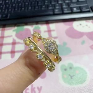 Huitan Royal Style 2pcs/set Ring for Women Gold Color Cross Design Inlaid Shiny CZ Prom Party Noble Accessories Jewelry for Lady
