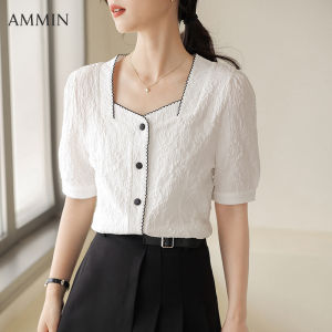 Ammin Mùa Hè Mới Cổ Điển Jacquard Thêu Hoa Cạnh cổ áo vuông tay ngắn áo voan Phụ Nữ Mới Pháp Ngọt Ngào tay áo bong bóng Sang Trọng Một hàng khuy phong cách ngắn áo blouse thanh lịch