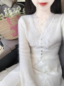 เสื้อคาร์ดิแกนถักคอวีสไตล์ฝรั่งเศสสำหรับผู้หญิง ผ้าขนสัตว์เนื้อนุ่ม แขนยาว ทรงสลิมฟิต ปกติ ปกติ ปกติ