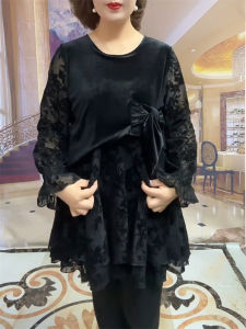 Fashionable Spring Autumn Womens plus Size round Neck Splice Lace Flower Butterfly Knot Long Sleeve Base Shirt Dress Trendy