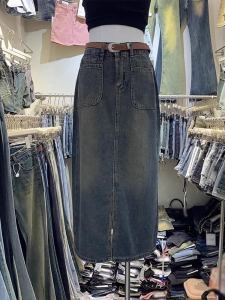 High Waist A-Line Mini Skirt Womens Denim Skirt Gradual Washed Draping Pocket Design Korean Style Commute Half-length Skirt