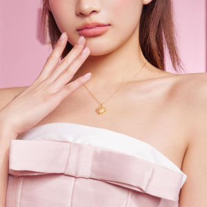 ZHOU LIU FU 周六福 999 24K Solid Gold Pendant Cute Pink Heart Butterfly Bow Enamel Pendant Dainty Jewelry for Women (Not Include Necklace) A0413229