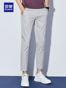 Lormen Mens Casual Pants Summer Thin Straight Leg Trendy Business West Pants Elastic Pure Cotton Nine-Point Pants