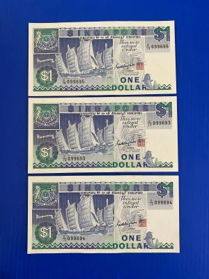 3 pcs run numbers of Singapore Ship series $1 notes