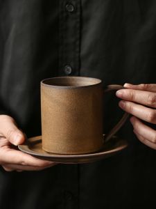 Handmade Rustic Ceramic Coffee Cup And Plate Set Nordic Style Vintage Handbrew Coffee Cup with Lid Artistic Coffee Utensils