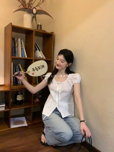 Women Casual Blouse Plain Lace Up Pleated Blouse