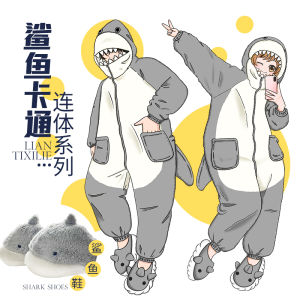 Thick Long Plush Couples Sleepwear Cartoon Shark Design Cute One-Piece Pajamas for Men And Women Autumn Winter Home Clothes