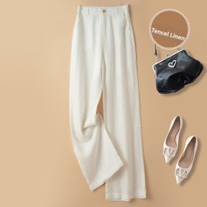 Womens Green Lyocell Linen Wide Leg Loose Fit Straight Leg High Waist Trousers