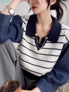 Autumn Winter New Womens Knitwear Pullover Sweater Striped Denim Patchwork Polo Collar Heattech Fever Design Sweatshirt
