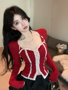 Pure Desire Spicy Girl Square Collar Fishbone Top Womens Autumn Winter Fleece Lined Lace Base Shirt Christmas Inner Wear Outer Wear