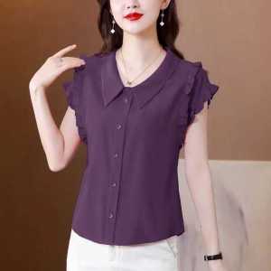 เสื้อเชิ้ตผ้าชีฟองแขนสั้นทรงหลวมสำหรับผู้หญิงในช่วงฤดูร้อนปี 2024 สไตล์ใหม่ เสื้อเชิ้ตคอปกเด็กสีพื้นอเนกประสงค์สำหรับผู้หญิง