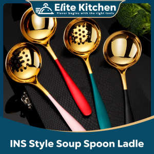 Elite Kitchen - Premium Quality Korean 304 Stainless Steel Gold Soup Spoon Ladle Colander Hot Pot Spoon Kitchen Cutlery