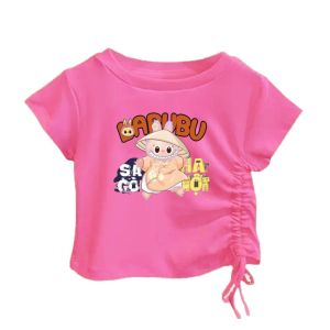 Atasan Kaos Blus Anak Perempuan Lengan Pendek Import CroptopTali Serut Kerut Samping Labubu Viral