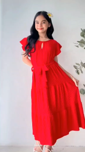Laurice Freeyah Plain Trendy Style Fashionable Ruffle Sleeve Belted Layered Midi Dress for Kids Ages 8-12 Bark Crepe Fabric Stretchable Comfortable Unique Design