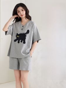 MiiOW | Bộ đồ ngủ cotton nguyên chất mùa hè cho nữ MiiOW Áo chui đầu cổ tròn in họa tiết hoạt hình Quần short thoáng khí rộng rãi