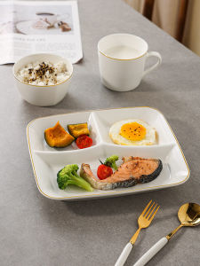 Adult Ceramic Breakfast Plate Golden Edge Diet Meal Dish Nordic Style Rectangular Dinnerware for One Person Pure Color Dish