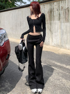 MNVZ High Waist Black Casual Micro Flared Pants Womens Street Style Versatile Slimming Wide Leg Horse Hoof Long Trousers