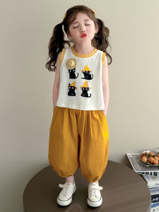 Girls Summer Outfit Thin Cotton Cartoon Sleeveless Vest And Lantern Pants Two-Piece Set Breathable Lightweight Moisture-Wicking