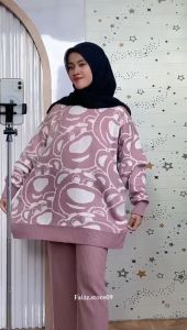 Oneset Sweater Rajut Aramun Motif Bernard Setelan Celana Kulot Premium Wanita Kekinian
