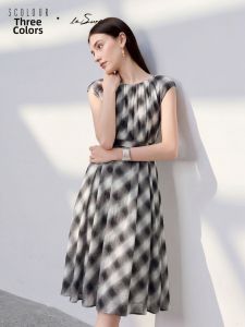 3COLOUR·S | Summer New Plaid Round Collar A-Line Long Dress