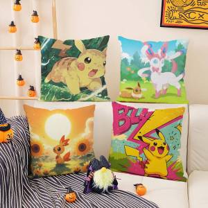 Bandai | Pokemon Cartoon Character Anime Plush Pillow Cover Soft Short Plush Cushion Cover For Sofa Bedroom Home Decor Gift