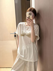YUANYA | Bow Printed White Short Sleeve T-Shirt for Women