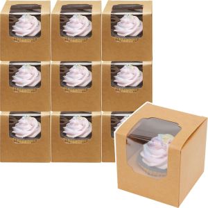 Hộp Đựng Bánh Cupcake Đơn Màu Kaki Bằng Giấy Có Ngăn Lót Và Cửa Sổ Trong Suốt 10/20/30 Chiếc Hộp Đựng Cá Nhân Có Thể Gập Lại Cho Bữa Tiệc Bánh Nướng Xốp