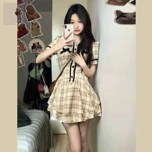 ELF TRIBE Đầm Nữ Cổ Điển Áo Sơ Mi Kẻ Ô Đầm Xếp Tầng Bánh Ngọt Chữ A Tay Ngắn Ôm Vừa Cho Nữ