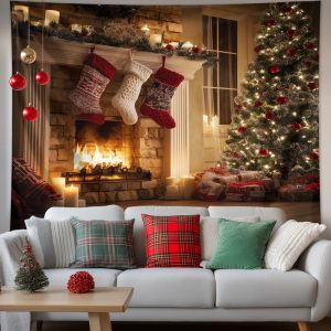 VIKAMA Red Brick Fireplace Christmas Tapestry Cozy Wall Art for Living Room Winter Background Decoration