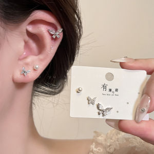 Elegant Butterfly Pearl Stud Earrings Womens Unique Ear Cuff Hoop Small Niche Design Sensation Set Ear Jewelry