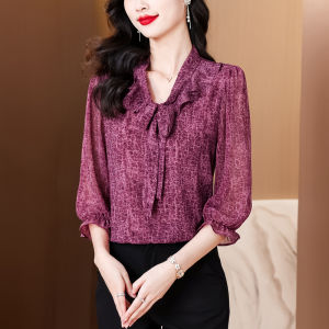 MAIMEI | Slimming Effect Womens Chiffon Shirt Spring Summer New Style Butterfly Knot Versatile Slimming Top Fashionable Moms Blouse