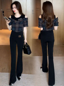 Fashionable Chic Off-Shoulder Tweed Shirt for Women Summer New Arrival Design Sense Fake Two-Piece Plaid Shirt Youth Casual Work Clothing